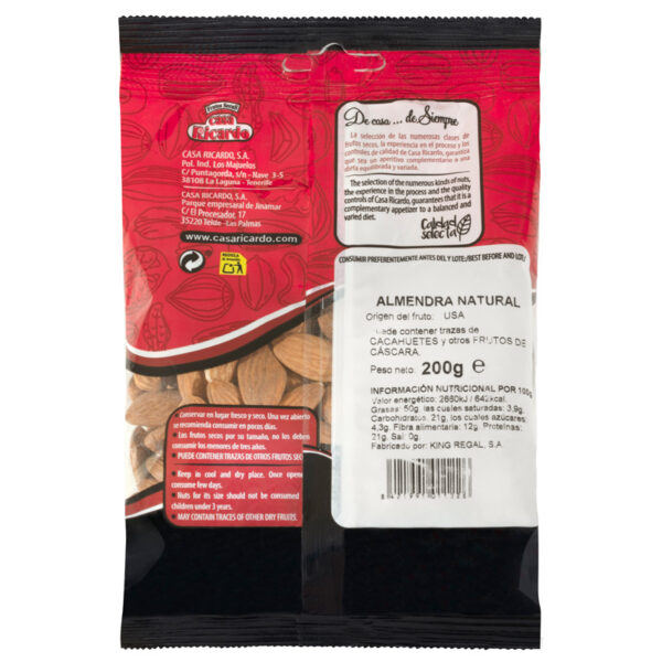 Almendra natural. Envase de 200gr.